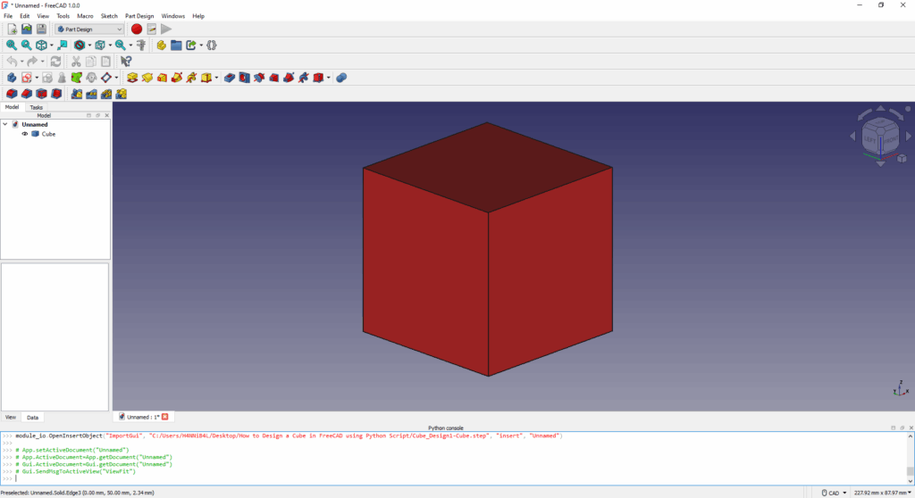How to Design a Cube in FreeCAD using Python Script