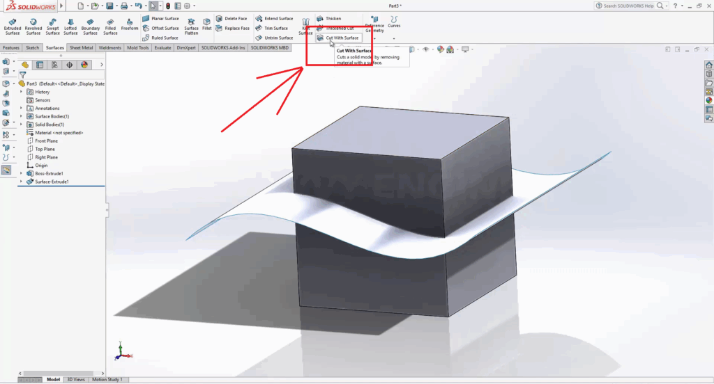 SolidWorks How to Cut a Solid With a Surface Like a Pro 10