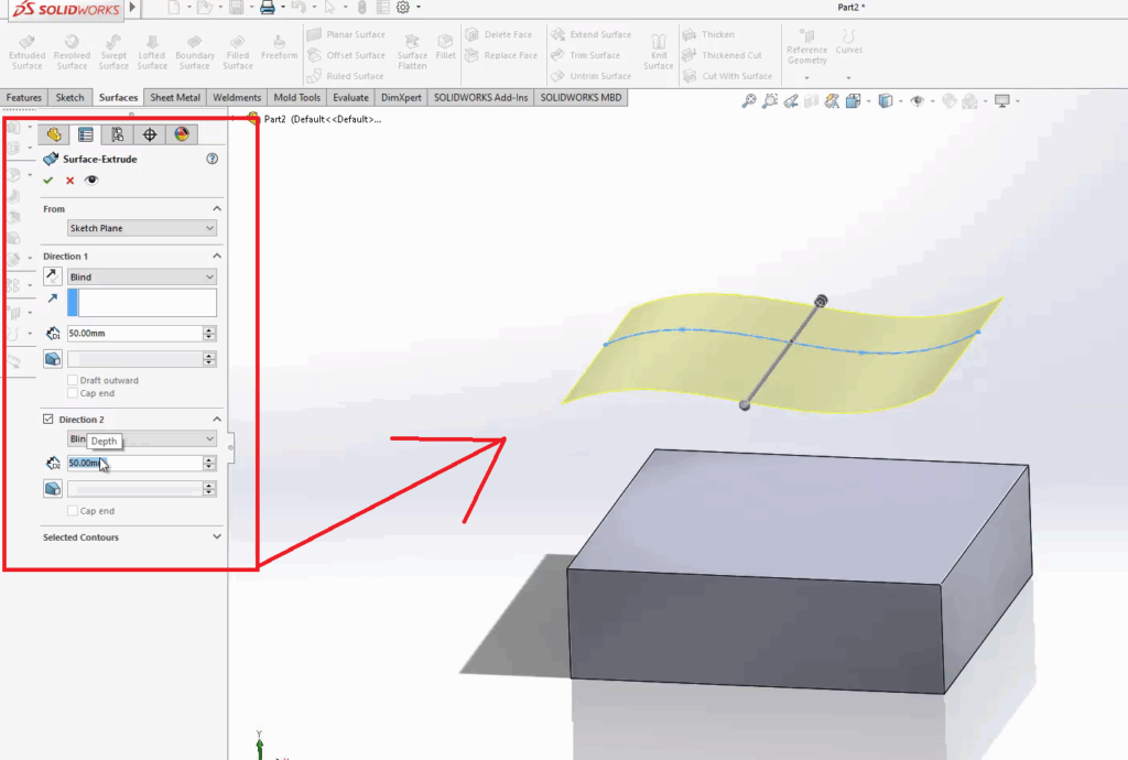 SolidWorks How to extrude a Part Face up to a Surface