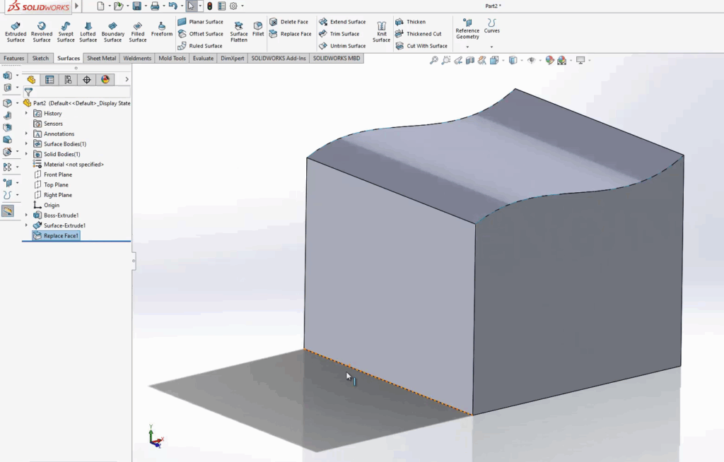 SolidWorks How to extrude a Part Face up to a Surface