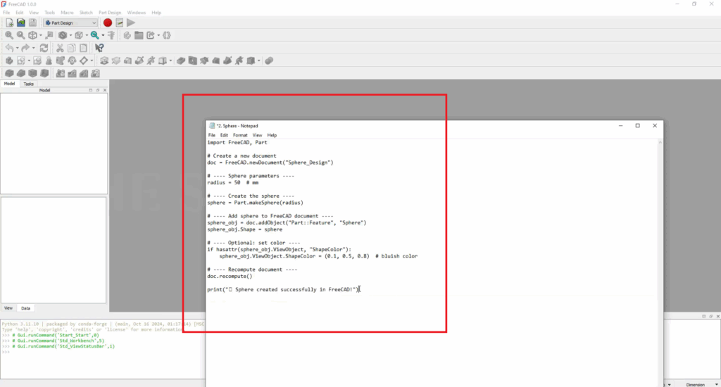 How to Design a Sphere in FreeCAD using Python Script