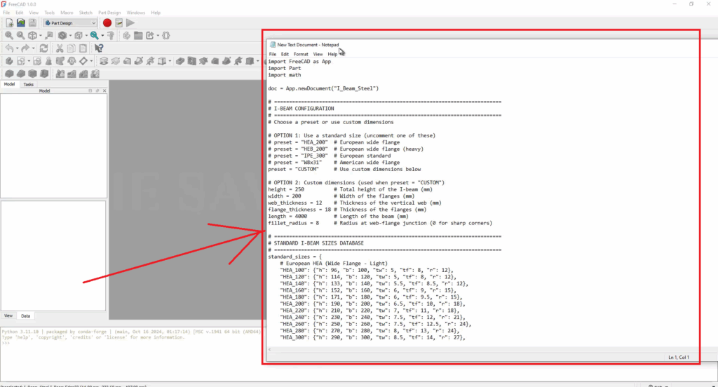 FreeCAD Editable I-Beam Profile using Python Script