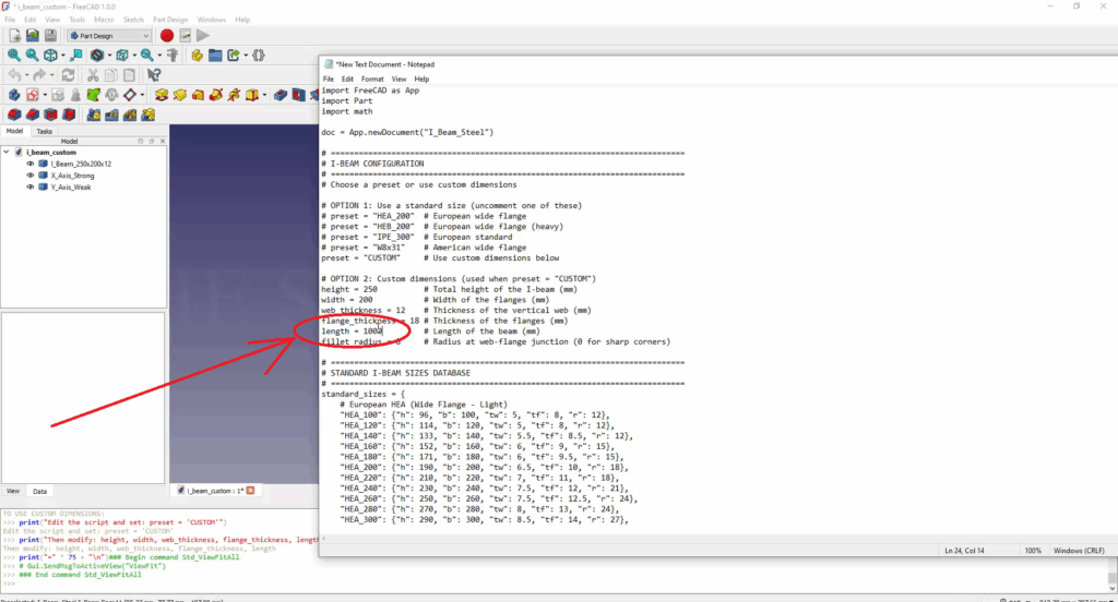 FreeCAD Editable I-Beam Profile using Python Script