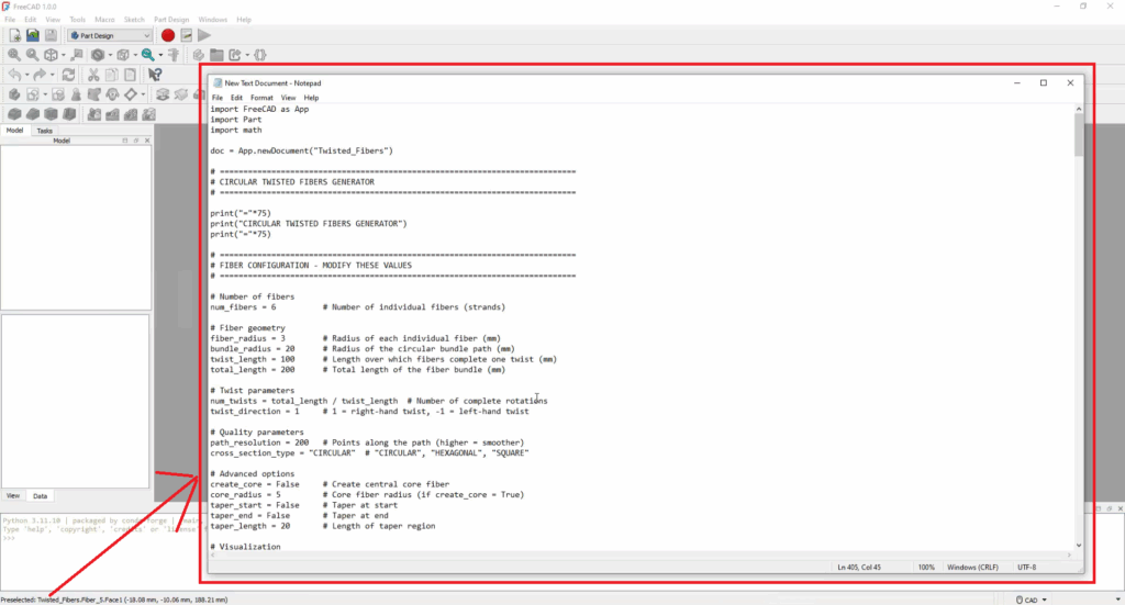 FreeCAD Editable Twisted Fibers using Python Script