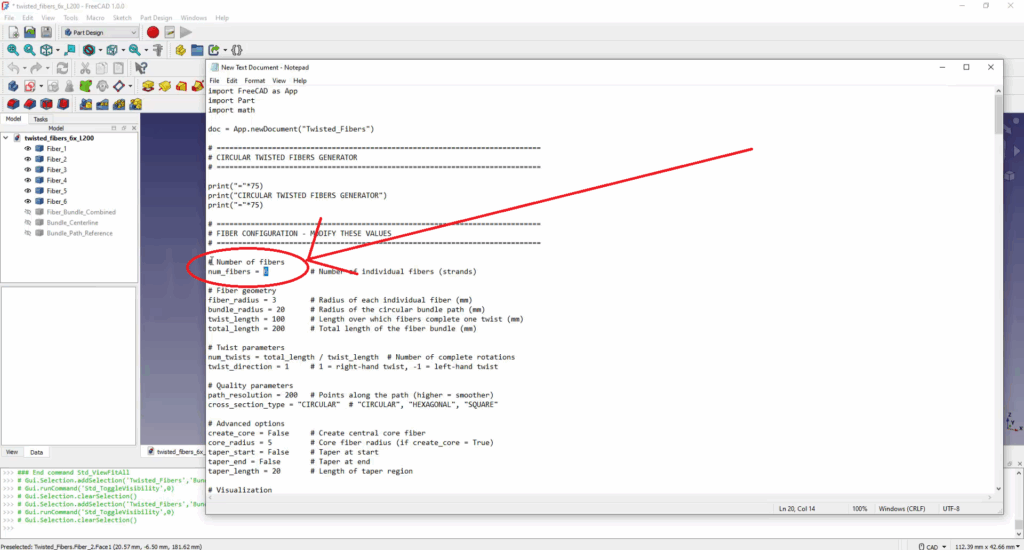 FreeCAD Editable Twisted Fibers using Python Script