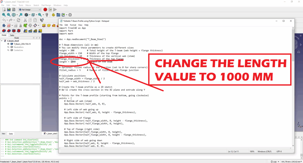 FreeCAD Editable T-Beam Profile using Python Script